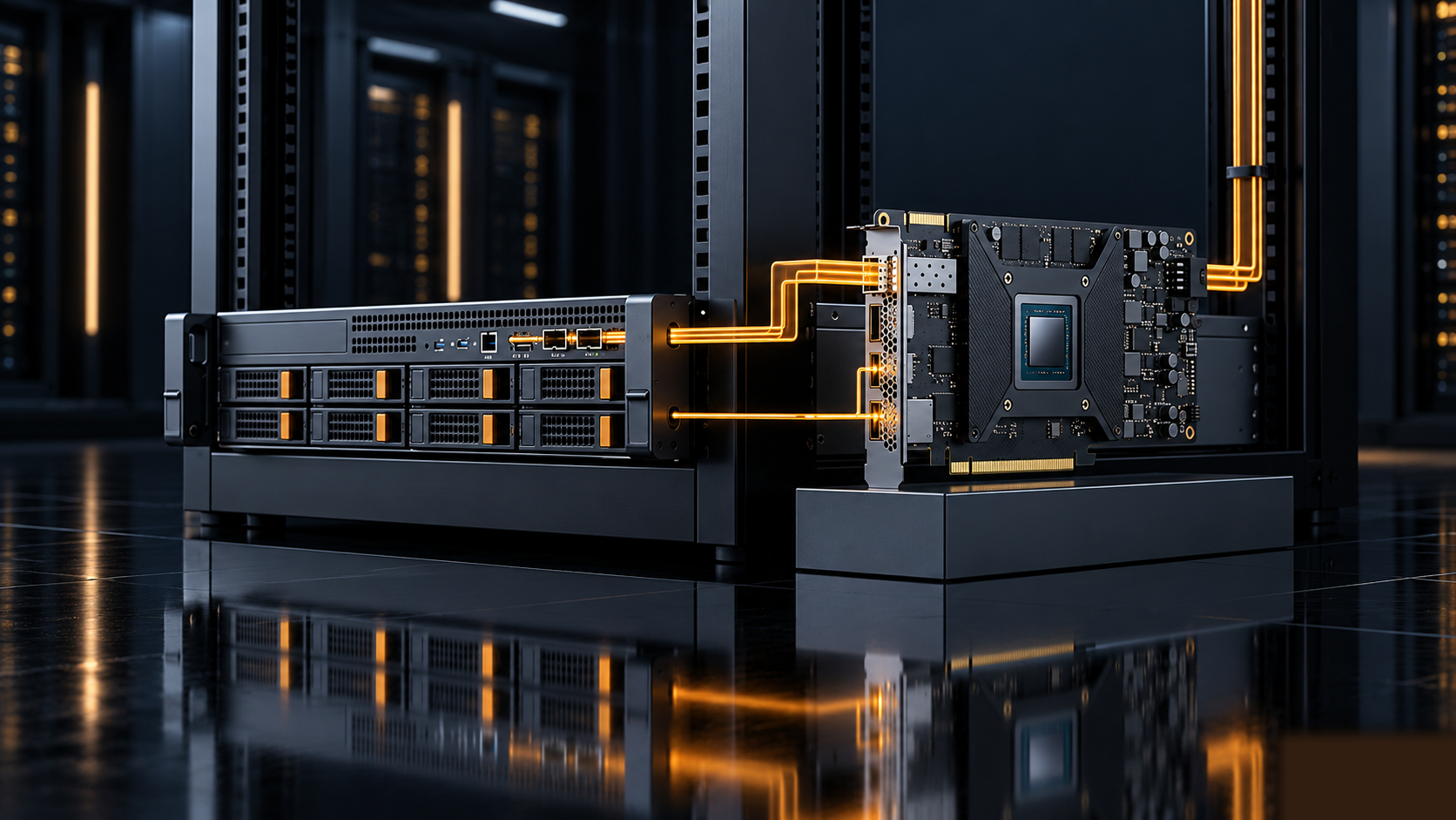 Server rack and accelerator card with amber data paths